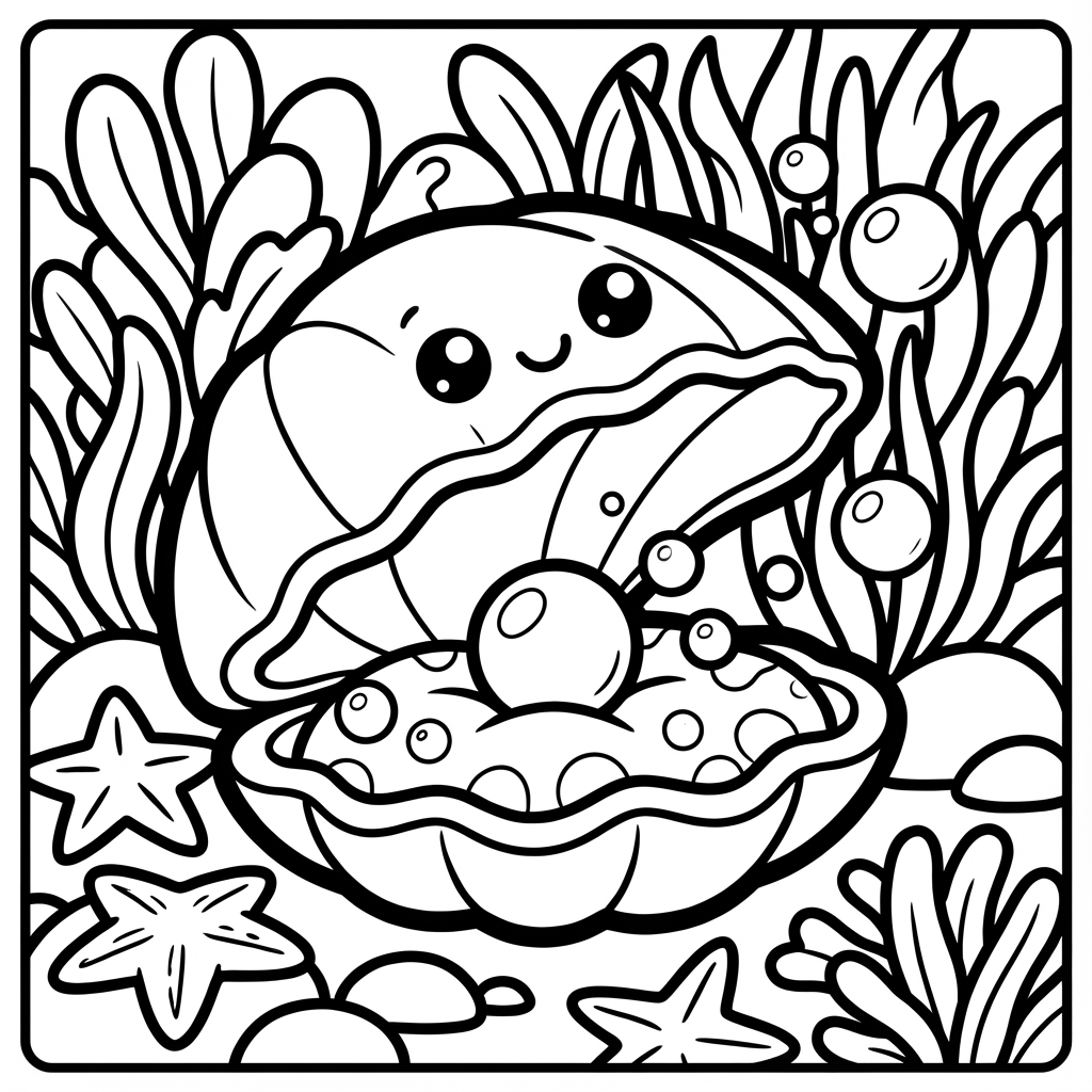 Happy open clam with a pearl, designed as low-detail coloring pages and thick line coloring pages.